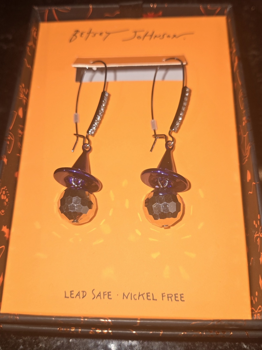 Betsey Johnson Faux Stone Witch Hat Disco Ball Dangle Earrings